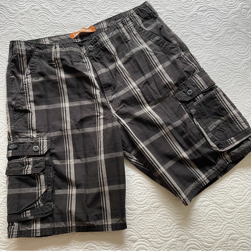 LEE Dungaree Cargo Shorts Black/Tan Plaid Size 38